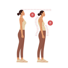 Female posture comparison: correct vs poor back alignment. Vector illustration for health, fitness, posture correction, back pain prevention.