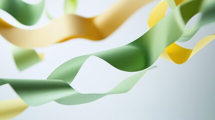 Flying paper in motion--green and yellow pages curling mid-flight, clean white background