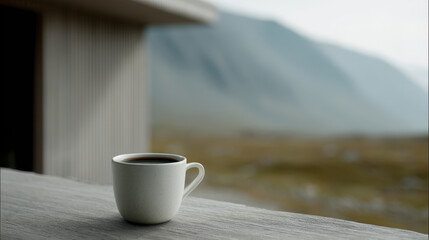 Serene coffee cup on minimalist wooden table with mountain view