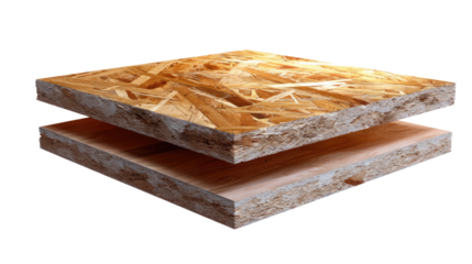 OSB Board Layers: Displaying the intricate layers of an oriented strand board, a key material in construction, highlighting its strength, texture, and versatile nature.