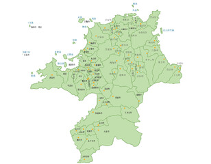 福岡県　地図　黄緑　斑点　イラスト