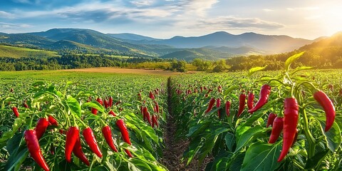 Close-up of chili plant with red peppers in field under cloudy sky.