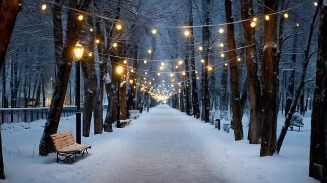Scenic winter alley with snow-covered ground, bare trees, benches, and decorative string lights along the pathway at dusk