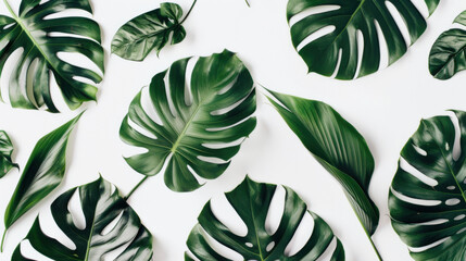 Fototapeta premium Tropical monstera and palm leaves on clean white background flat lay 