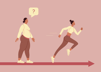 Vector flat illustration. Women grows thin. Fat woman thinks how to lose weight. Slimming. A young girl is running. Sport. Overweight. 