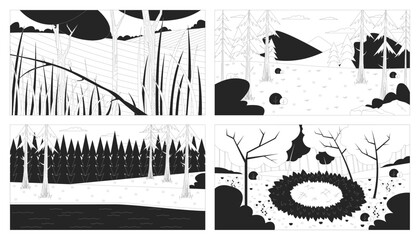 Outdoor landscapes line illustration backdrops set. Grassland, pine trees forest hills, woods clearing. Woodland, wilderness 2D ink outline monochrome backgrounds. Lineart vector collection