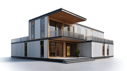Modern Container Home Design: A striking rendering of a contemporary home, showcasing innovative construction techniques and efficient design principles. The structure.
