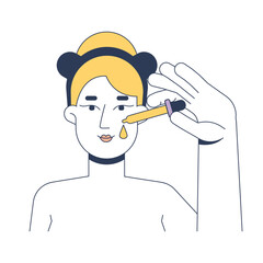 Blonde woman applying facial serum with dropper 2D vector illustration. Hydration skincare. Glowing skin. Caucasian white female flat character isolated on white background. Colorful cartoon image
