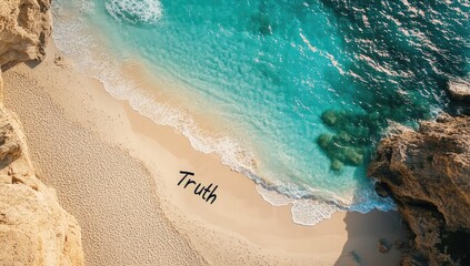 Fototapeta premium Tranquil Beach Scene: Aerial View of Turquoise Water and Sandy Shore with Truth Written in Sand