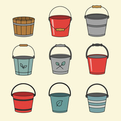 A set of illustrated buckets in multiple colors and designs featuring stars, circles, and other shapes. Perfect for showcasing creativity, organization, and household tools in a playful style.

