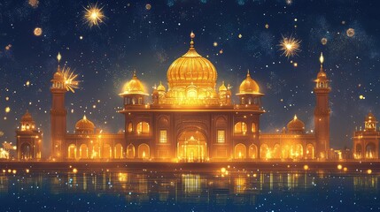 Obraz premium Golden Temple front view illustration with festive patterns and glowing sky backdrop