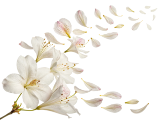 Beautiful white flowers gracefully scatter their delicate petals, creating serene and enchanting scene filled with nature charm