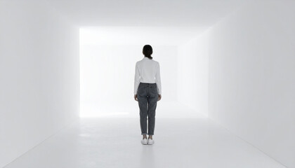 Person Standing in Minimalist White Room with Natural Light Source