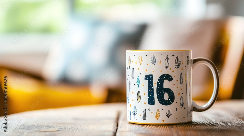 Poster a white mug with a pattern of leaves and numbers 16 on a wooden table in a cozy living room with a b