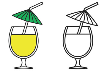 Two cocktail glasses present bright yellow drink and black and white silhouette on transparent background