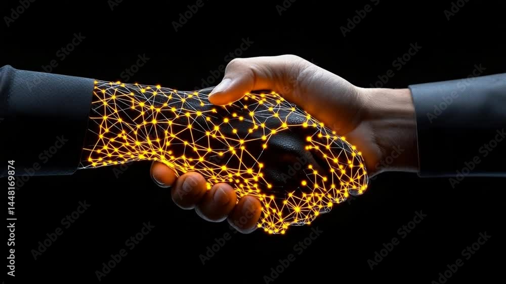 Aufkleber futuristic handshake with digital network connections representing partnership in technology and inn