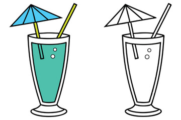 Tropical cartoon drinks with umbrella and straw in color and outlined version against white