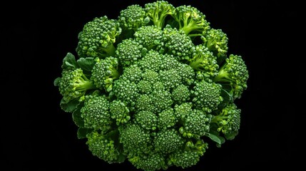 Green broccoli crown viewed from above, natural detail and bright green color, isolated