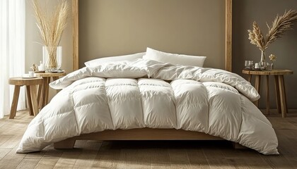 Cozy bedroom with wooden walls, bed, and decorative items.