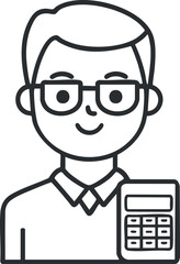 Black and white line art of a man wearing glasses holding a calculator representing finance or accounting