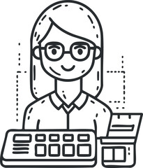 Black and white line art illustration of a smiling woman wearing glasses with a keyboard and calculator, representing office work or technology use.