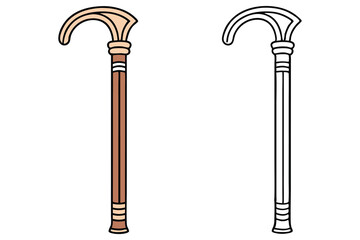 A brown walking stick stands beside its black outline version against a transparent background