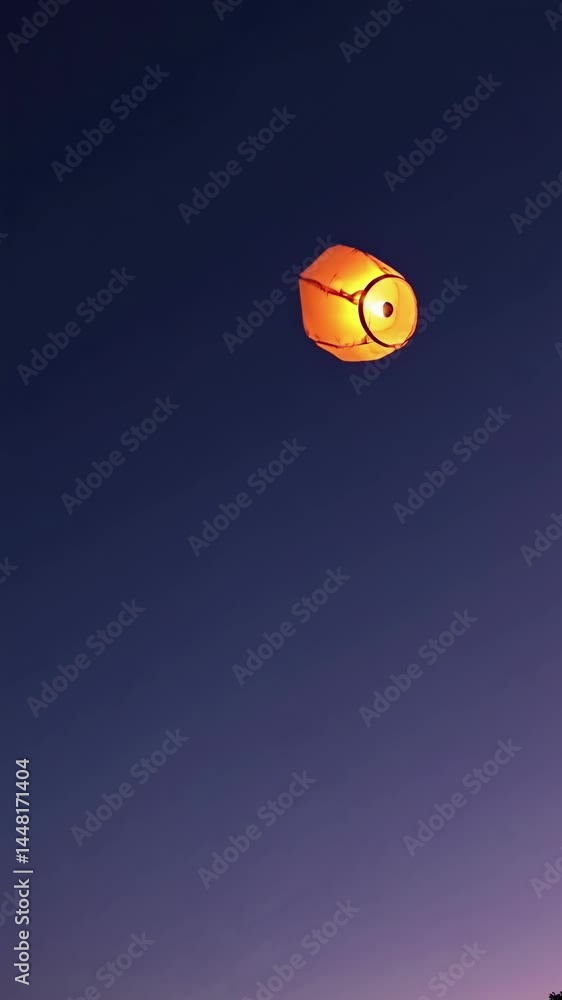 Poster a video captures a single lantern floating against a twilight sky, shot from a low angle, emphasizin