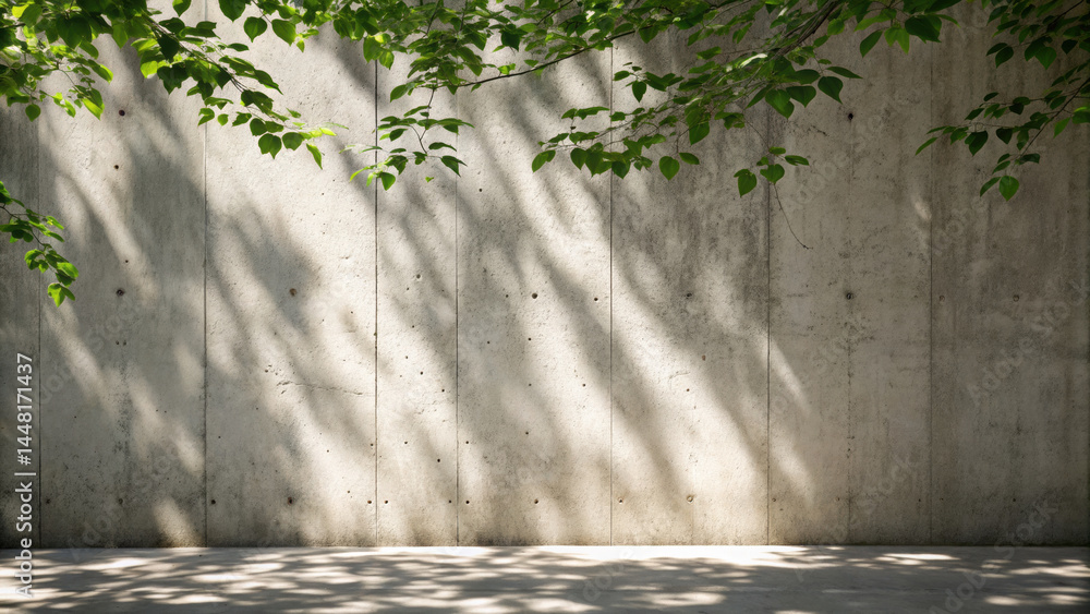 Poster soft sunlight filters through green leaves casting shadows on smooth concrete wall, creating peacefu