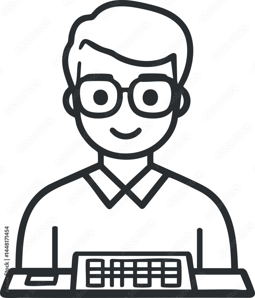 Poster line drawing of a man wearing glasses sitting at a desk working or studying with a keyboard
