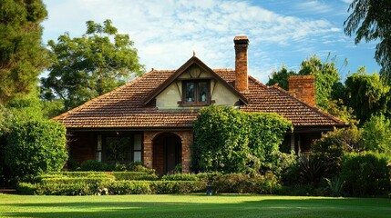 Obraz premium A charming, old-fashioned house with a tiled roof and lush greenery, set against a clear blue sky with scattered clouds.