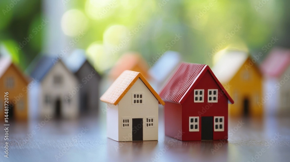 Poster a group of miniature model houses arranged in a row on a wooden table with a blurred green backgroun