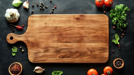 Wooden cutting board with vegetables and spices on dark background.