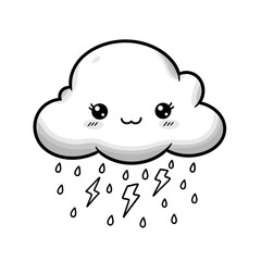 Animated Weather: Cute cloud illustration with a smiling face and raining with lightning showing adorable weather conditions.