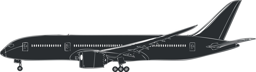 Side view illustration of a commercial airplane jet in black and white for aviation and travel themes © vadymstock