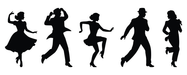 Line of legs dancing the Charleston silhouette. Retro dance silhouettes of swing dancers in vintage style isolated on a white background.