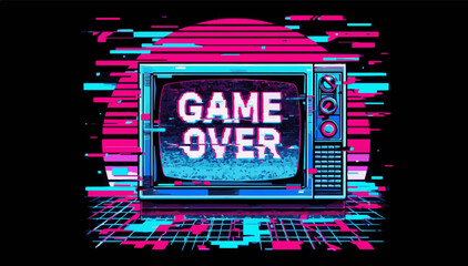 A monitor with the game over label on a black background. Retro TV with an image of a computer game in the style of the 80s. Vector graphics. EPS.