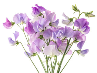 Sweet pea flowers bloom beautifully in shades of purple and white, creating delightful and fragrant bouquet that brightens any space