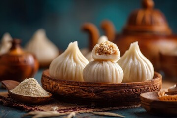 Steamed Modak is a traditional Indian sweet made of rice flour and coconut jaggery filling prepared for Ganesh Utsav and offered to Lord Ganesha