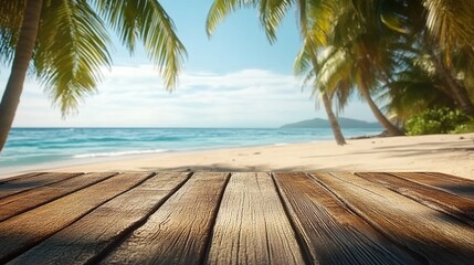 Tropical beach with wooden foreground, leaning palm trees, blue sea, white sand, and distant mountains under clear sky.