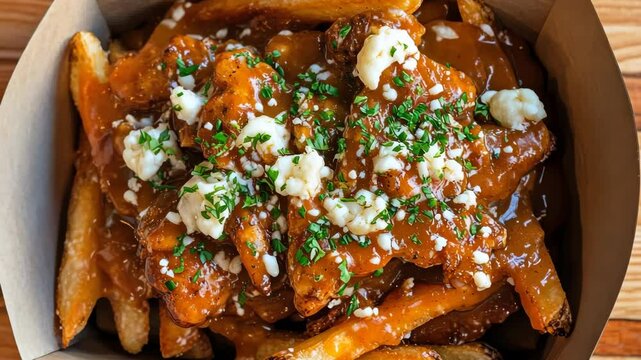 Delicious poutine preparation with cheese curds and gravy in a takeout box