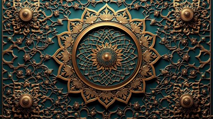 Obraz premium Intricate gold mandala design on teal background.