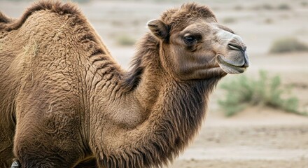 Obraz premium Close-Up Bactrian Camel Face Dusty Environment Two Humps Camelus Bactrianus Portrait Detail Fur
