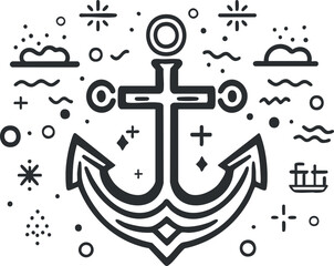 Minimalist black and white line art illustration of a nautical anchor surrounded by marine symbols and waves