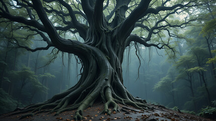 The trunk of the tree rises like a ghostly sentinel from the earth , dark wood, twisted tree