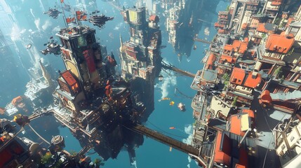 Floating City: A vibrant and imaginative cityscape of floating islands connected by bridges, filled with intricate architecture, bustling activity, and flying vessels.