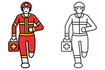 Obraz premium Running paramedic with medical kit displays line art and vibrant color variations on white