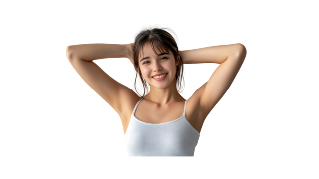 Happy Young Woman with Hands Behind Head, Smiling, White Tank Top