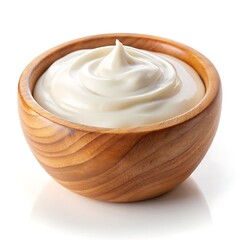 Sour cream or yogurt in wooden bowl isolated on white background