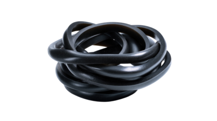 Abstract Knot of Rubber: A close-up shot captures the sleek, intertwined loops of black rubber, creating an intriguing abstract form. Perfect for illustrating concepts like connectivity and strength.