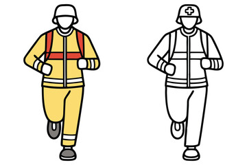 Outlined paramedic is seen running in color and in black and white version